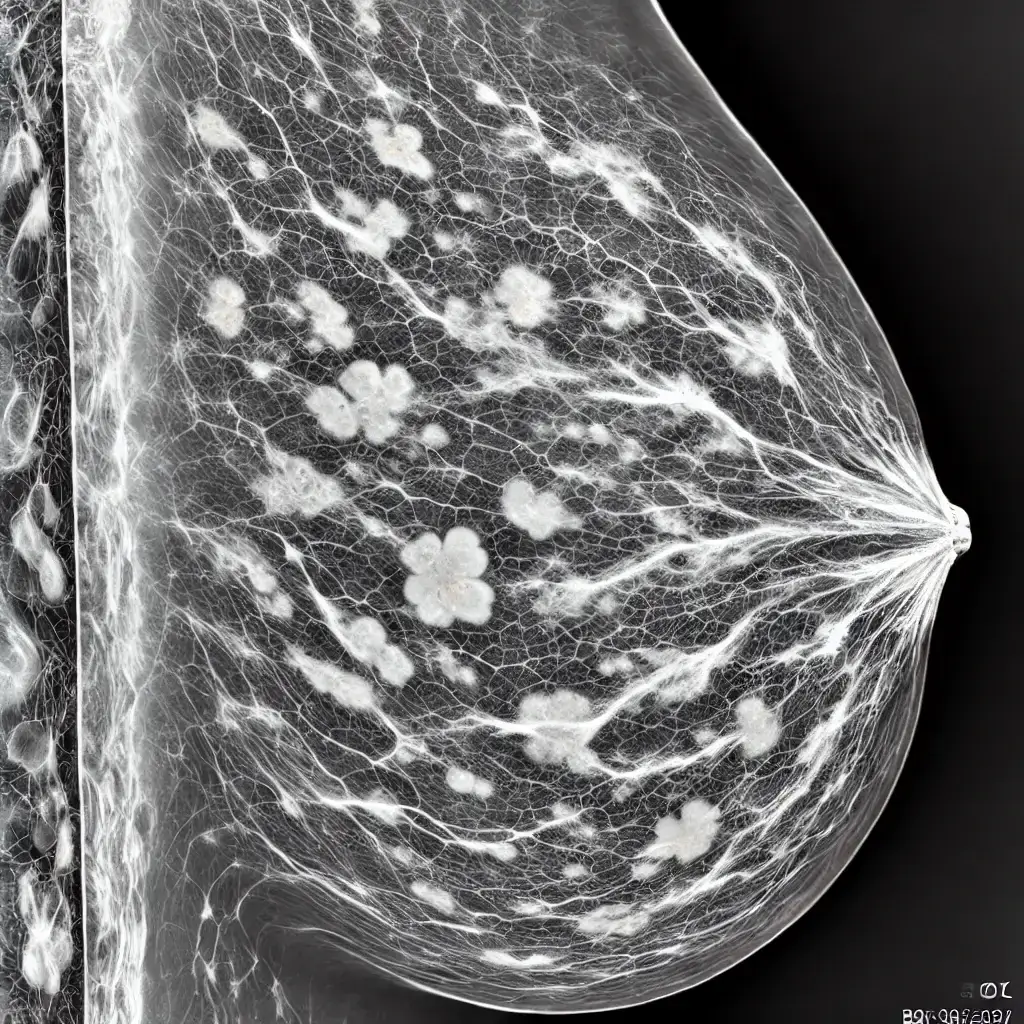 Detailed mammography illustration of a breast affected by Inflammatory Breast Cancer (IBC)