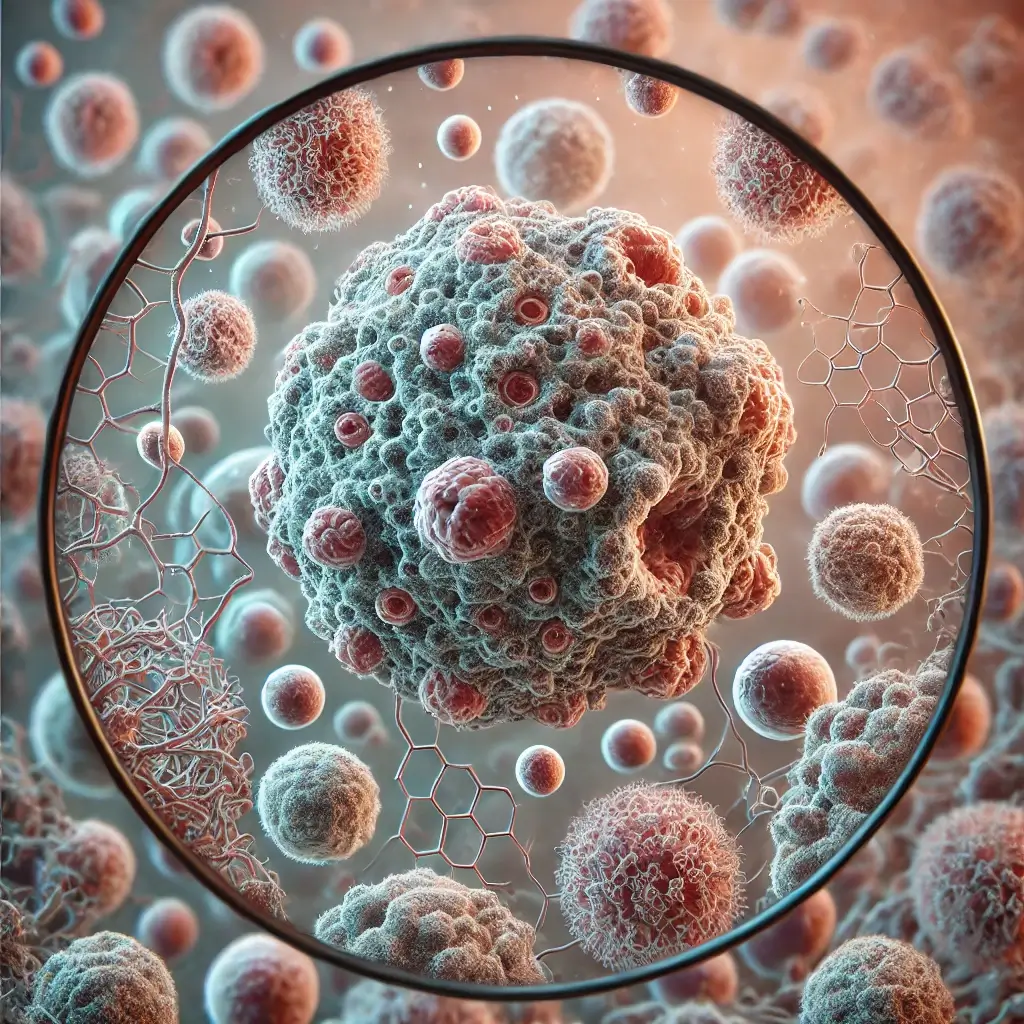 Medical illustration of anaplastic thyroid cancer (ATC) cells under a microscope