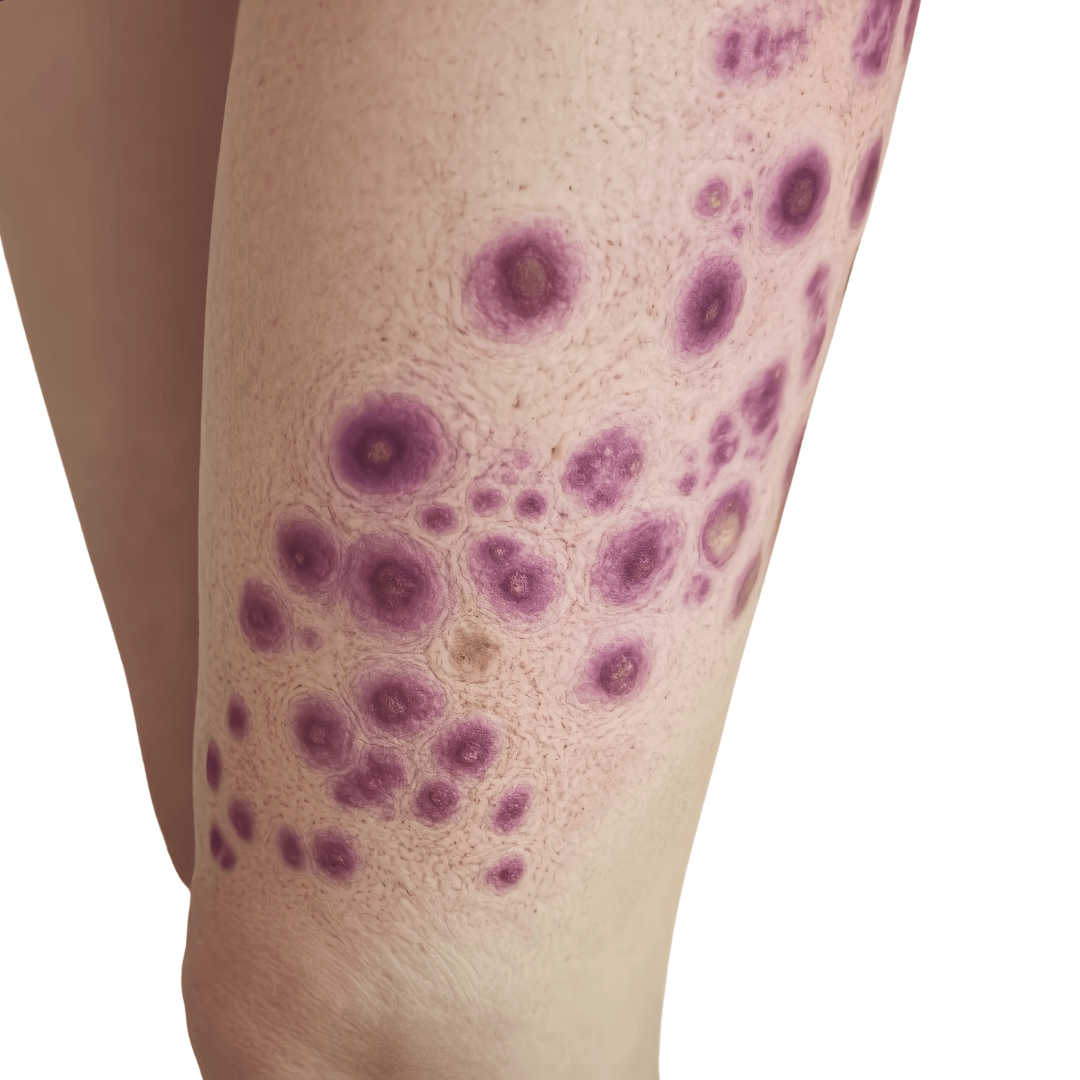 image showing multiple Kaposi sarcoma skin lesions on the lower leg