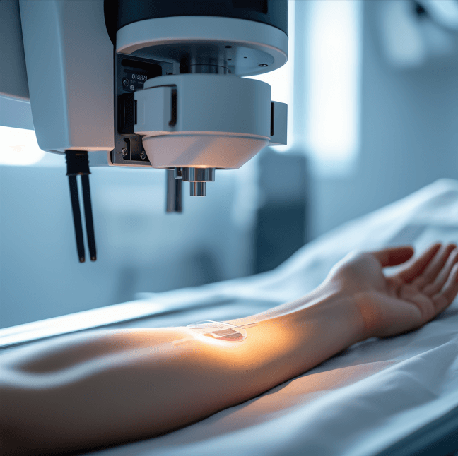 medical image showing external beam radiation therapy being administered to a Merkel cell carcinoma lesion on the patient’s forearm.